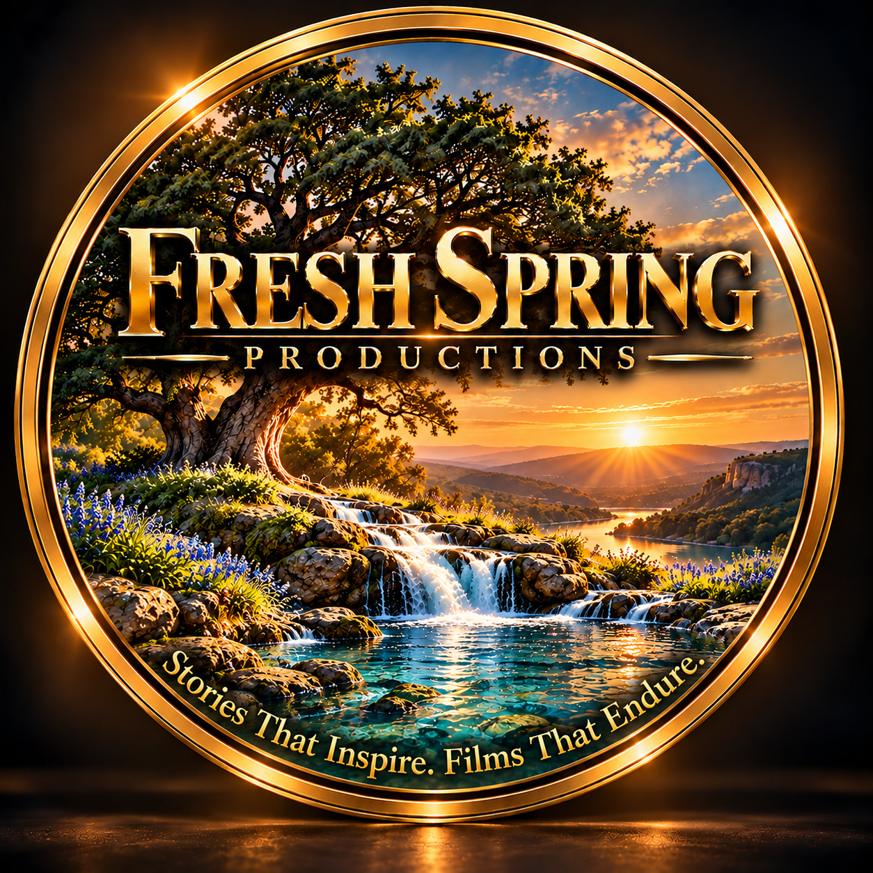 Fresh Spring Productions circular gold studio emblem